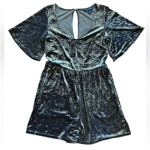 Olive Green Velour V-Neck Romper with Pockets